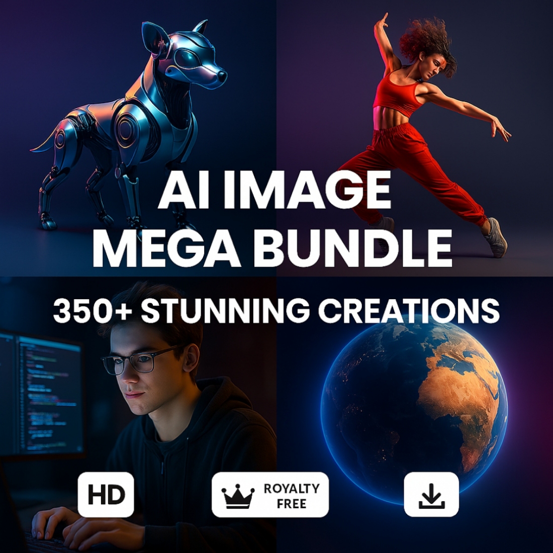 AI Image Mega Bundle – 350+ High-Quality AI-Generated Images | Animal, Dancer, Programmer, Earth & More cover image.