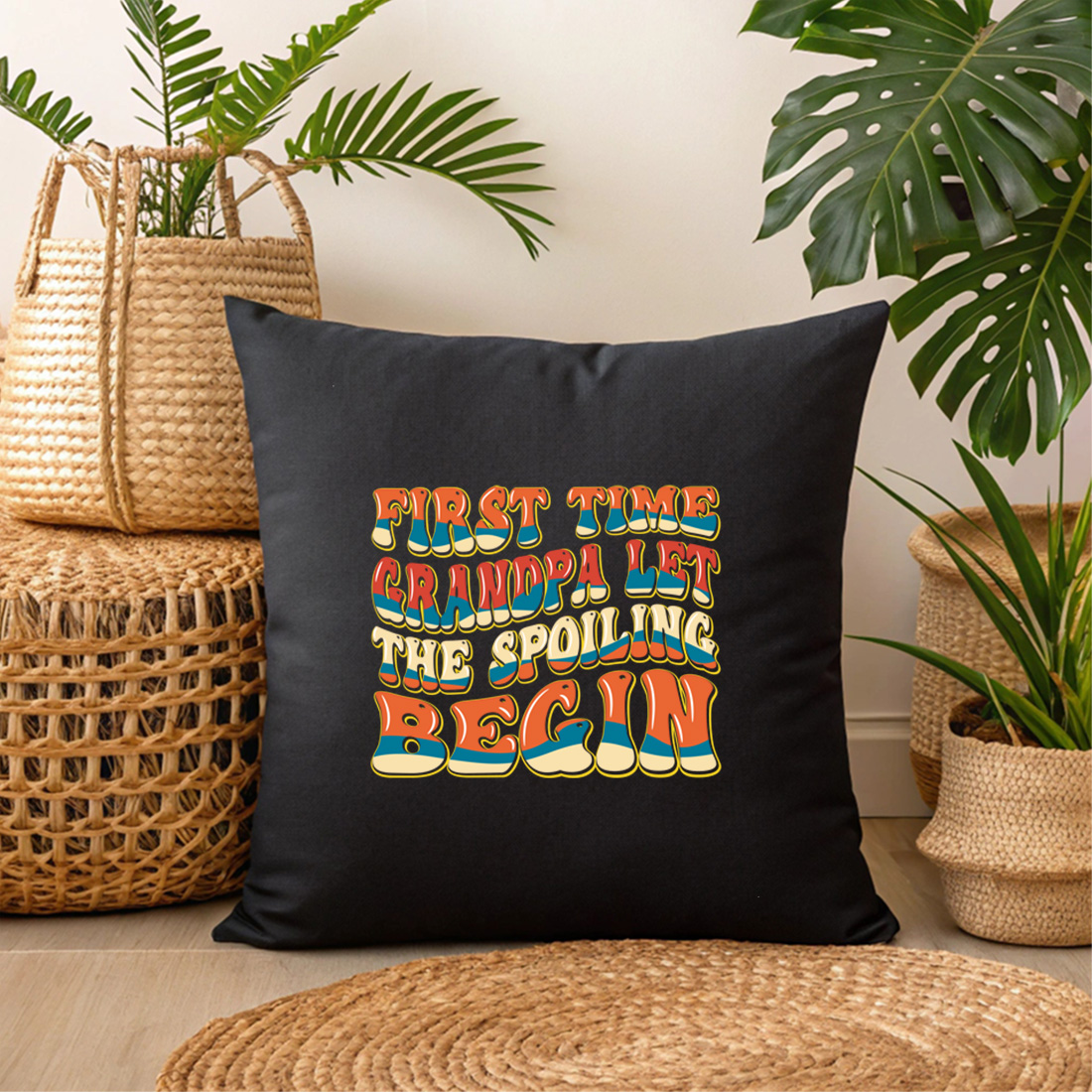cute first time grandpa design with bold retro text perfect for baby announcement. graphic design. 3 black pillow mock up 535