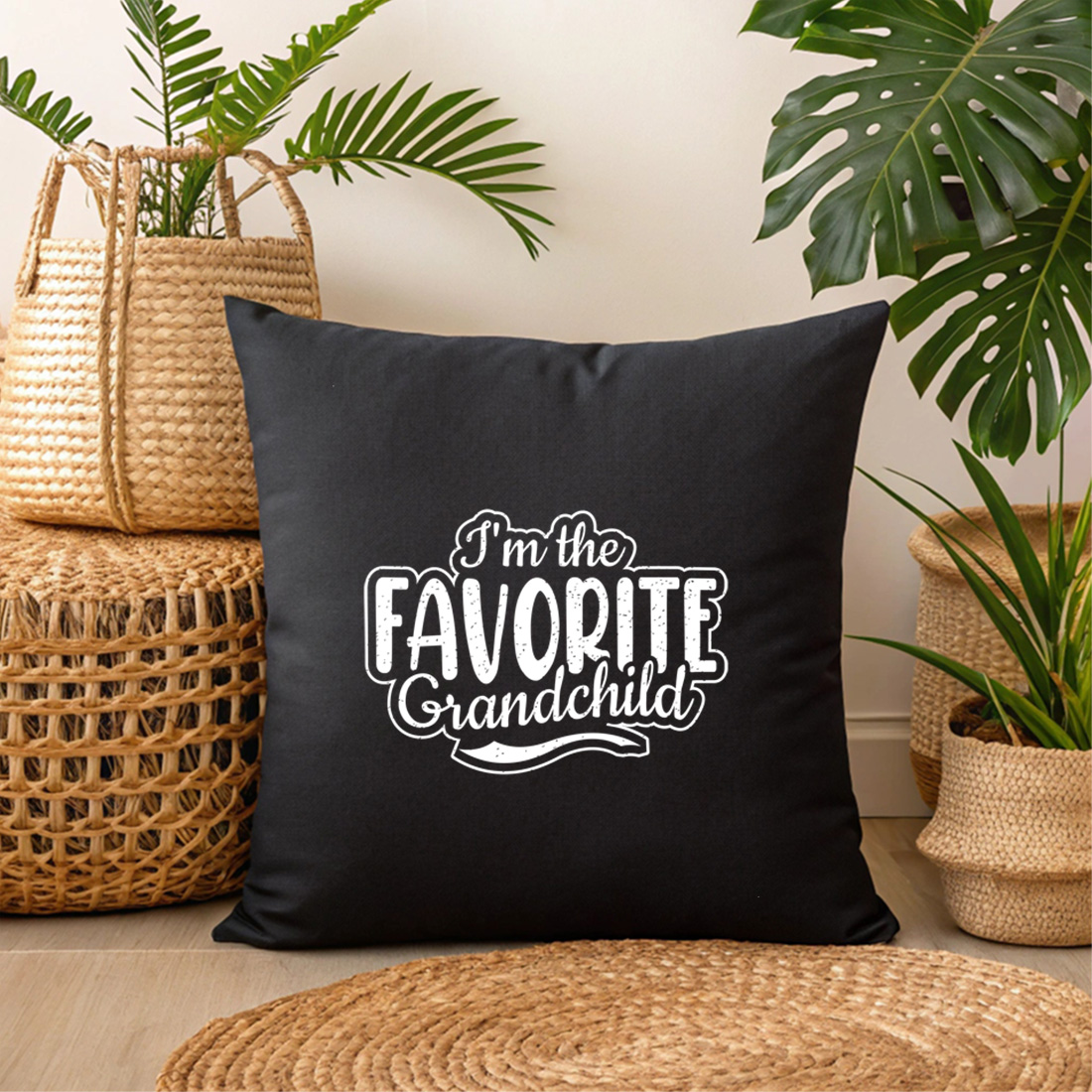 cute im the favorite grandchild saying perfect for grandkid apparel. graphic design. 3 black pillow mock up 755