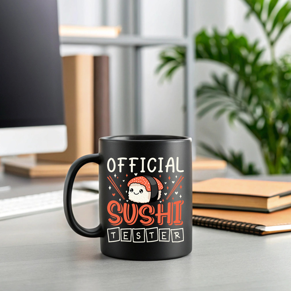 cute official sushi tester quote with kawaii sushi and chopsticks for food lovers. sush graphic design 2 black mug mock up 834