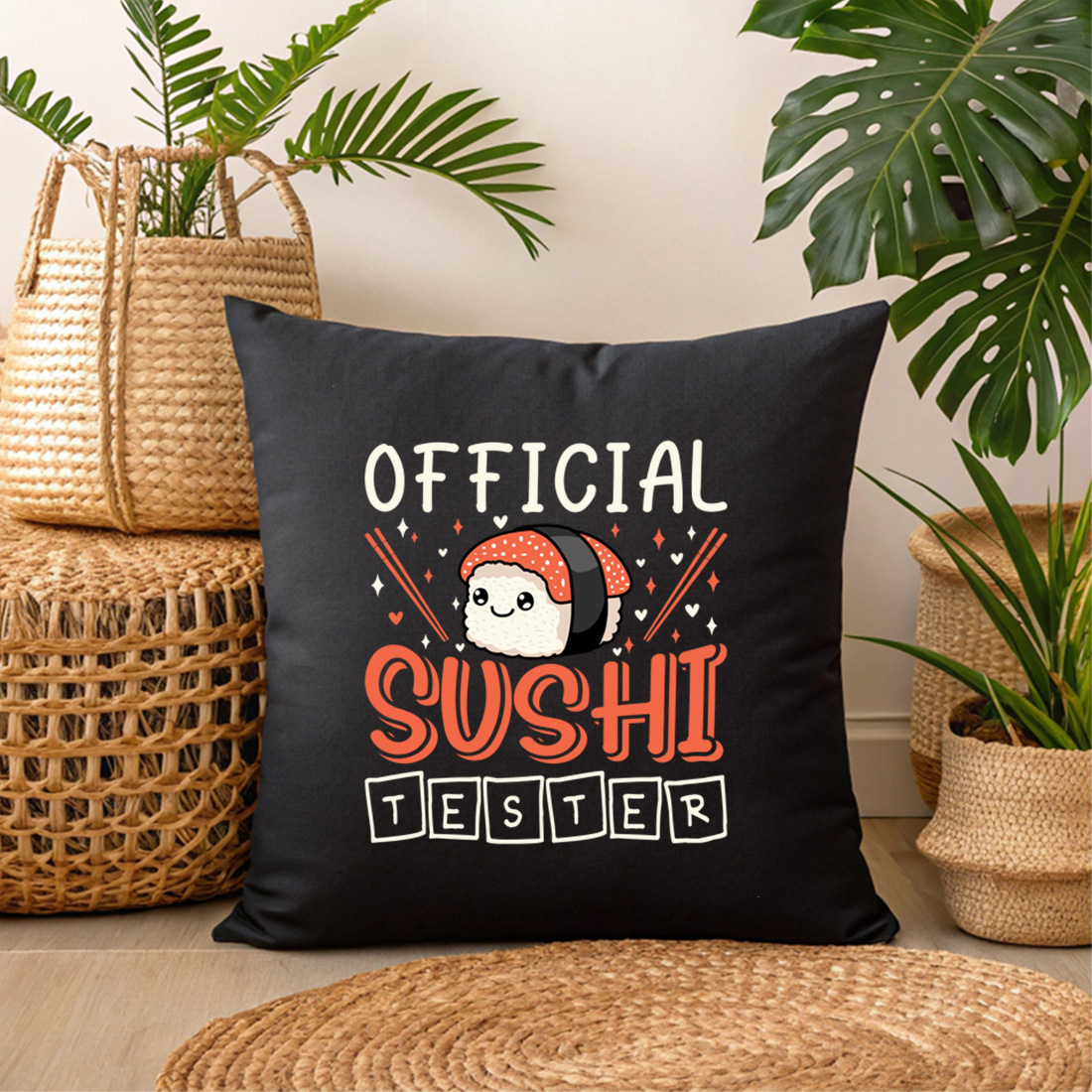 cute official sushi tester quote with kawaii sushi and chopsticks for food lovers. sush graphic design 3 black pillow mock up 957