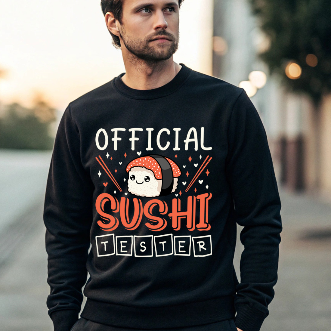 cute official sushi tester quote with kawaii sushi and chopsticks for food lovers. sush graphic design 4 black male sweatshirt mock up 295