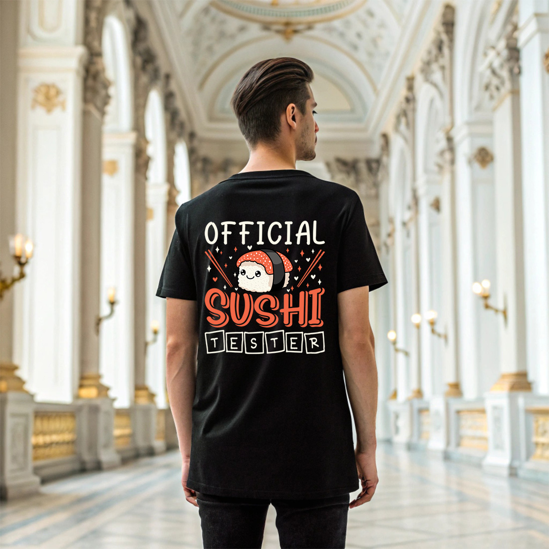 cute official sushi tester quote with kawaii sushi and chopsticks for food lovers. sush graphic design 6 black t shirt mock up 481