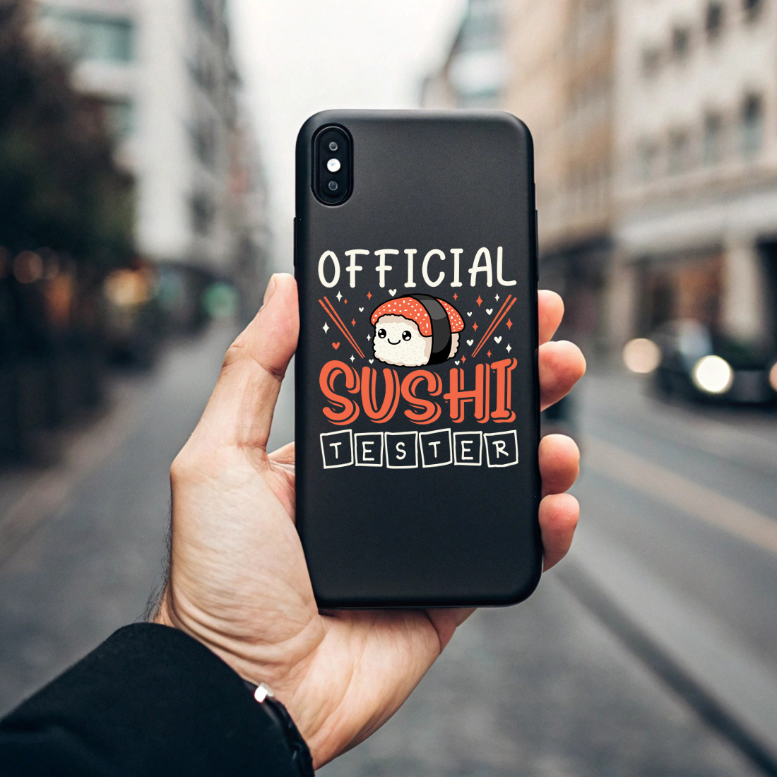 cute official sushi tester quote with kawaii sushi and chopsticks for food lovers. sush graphic design 7 black phone case mock up 900