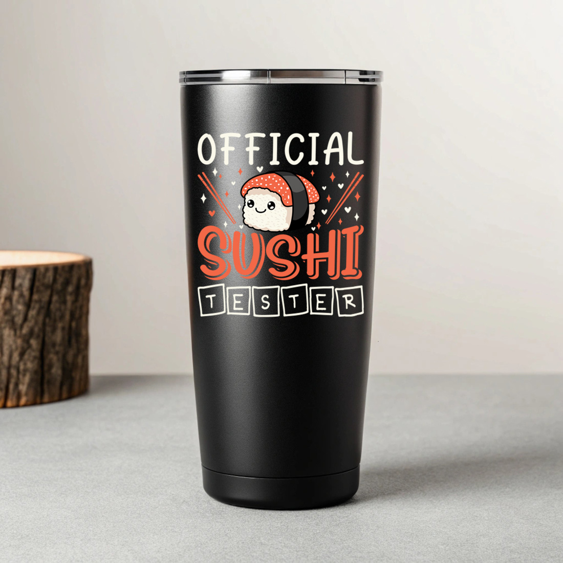 cute official sushi tester quote with kawaii sushi and chopsticks for food lovers. sush graphic design 8 black tumblers mockup 331