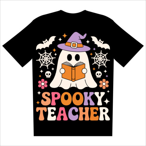 Cute Spooky Teacher Halloween T-Shirt Design Retro Ghost Reading Book cover image.