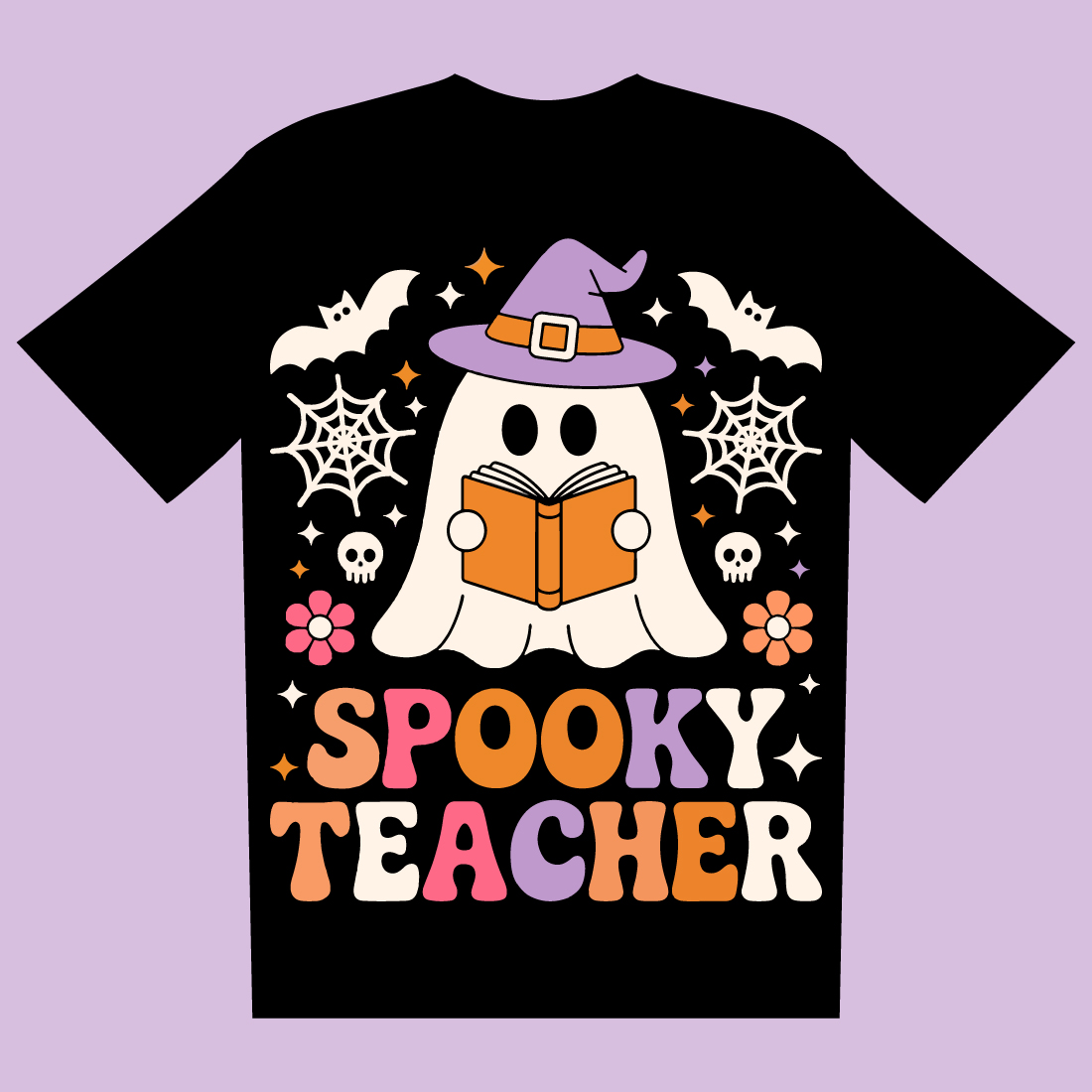 Cute Spooky Teacher Halloween T-Shirt Design Retro Ghost Reading Book preview image.