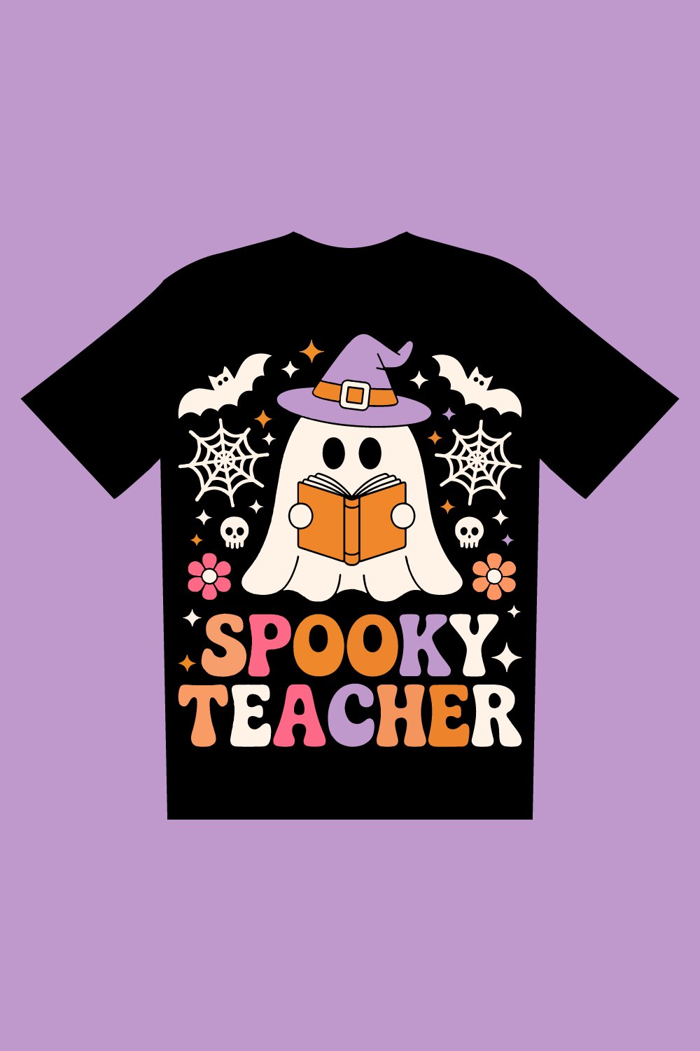 Cute Spooky Teacher Halloween T-Shirt Design Retro Ghost Reading Book pinterest preview image.