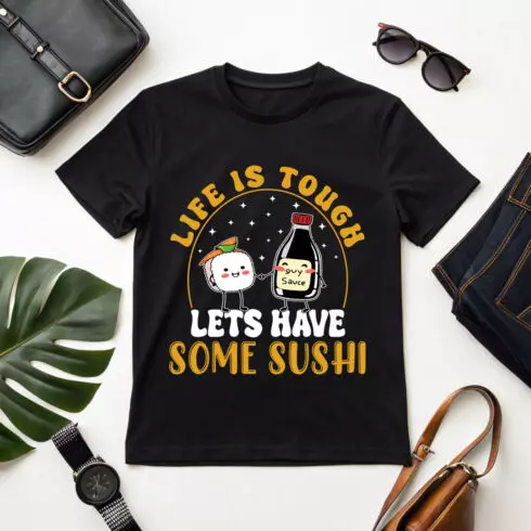cute sushi and soy sauce cartoon with funny quote for t-shirt, mug design, and Graphic Design Sushi Graphic Design cover image.