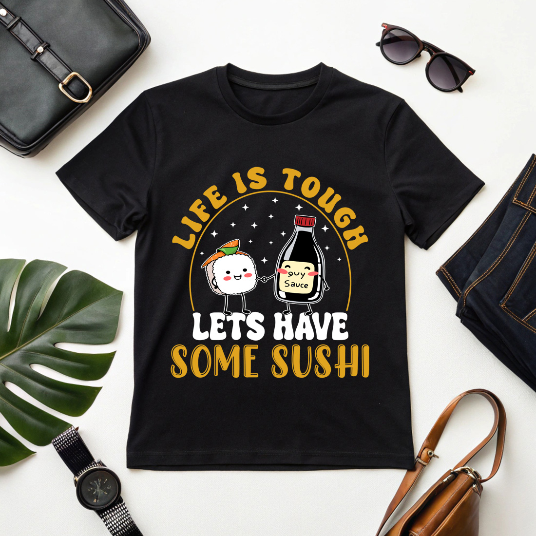 cute sushi and soy sauce cartoon with funny quote for t-shirt, mug design, and Graphic Design Sushi Graphic Design cover image.