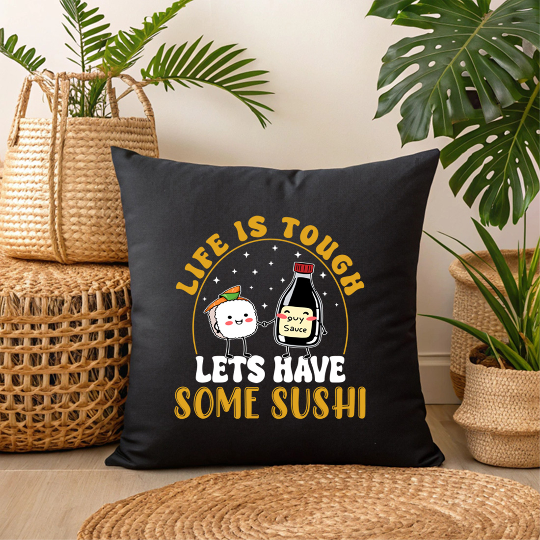 cute sushi and soy sauce cartoon with funny quote for t shirt mug design and graphic design. sush graphic design 3 black pillow mock up 524