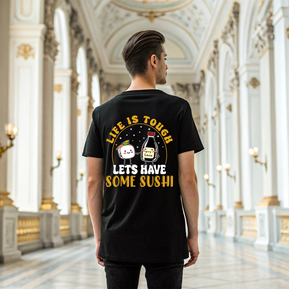 cute sushi and soy sauce cartoon with funny quote for t shirt mug design and graphic design. sush graphic design 6 black t shirt mock up 776