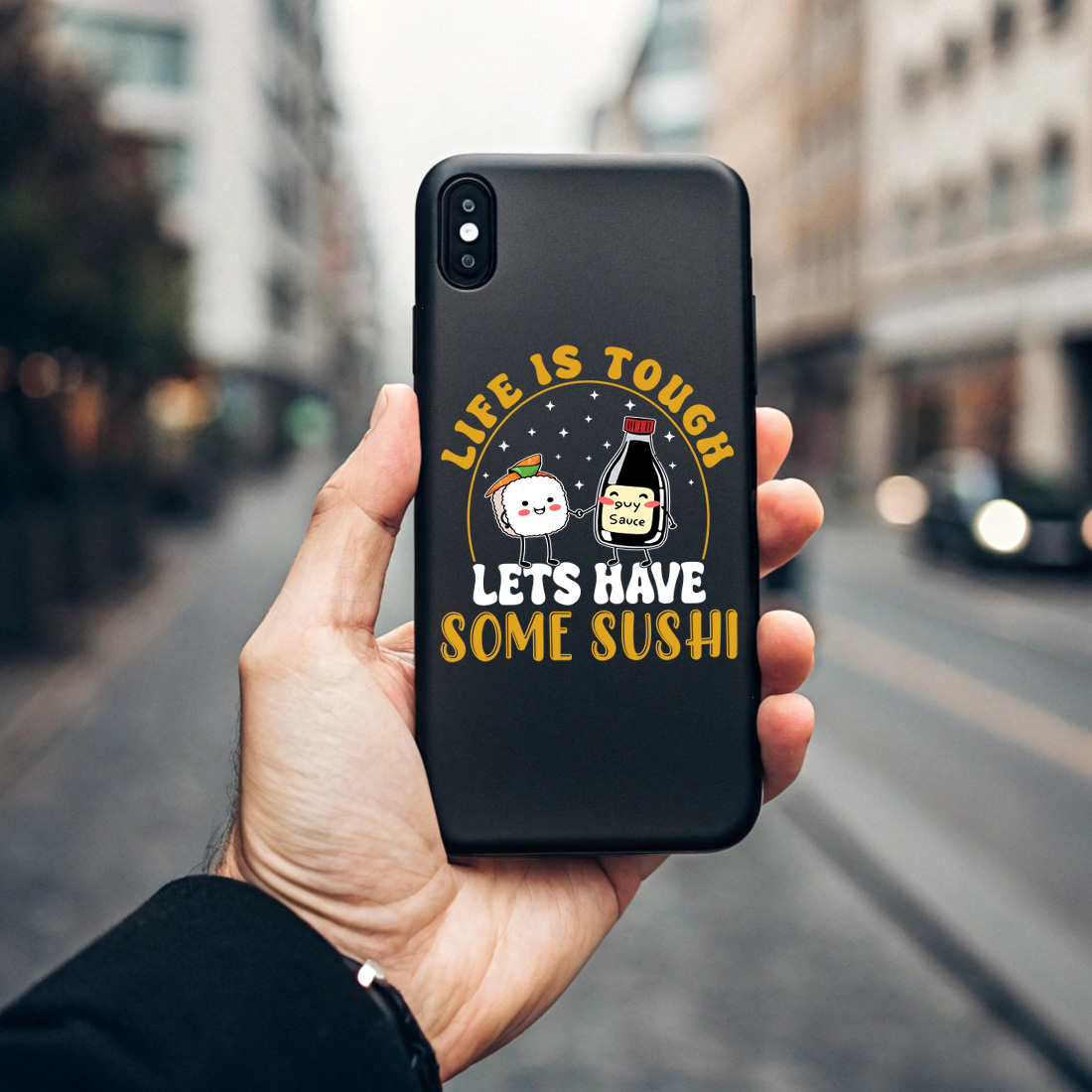 cute sushi and soy sauce cartoon with funny quote for t shirt mug design and graphic design. sush graphic design 7 black phone case mock up 748