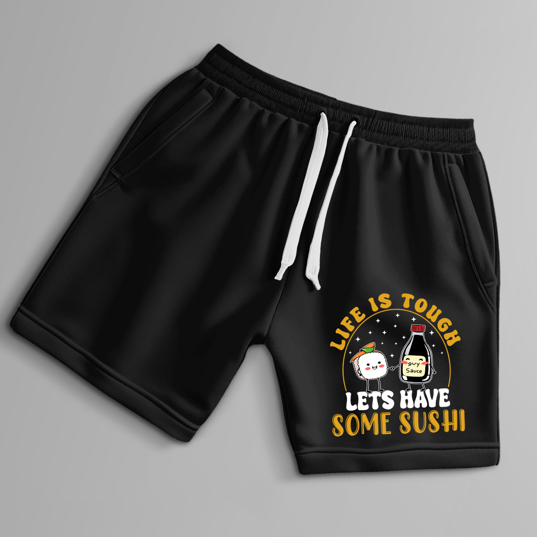 cute sushi and soy sauce cartoon with funny quote for t shirt mug design and graphic design. sush graphic design 9 black shorts up 120