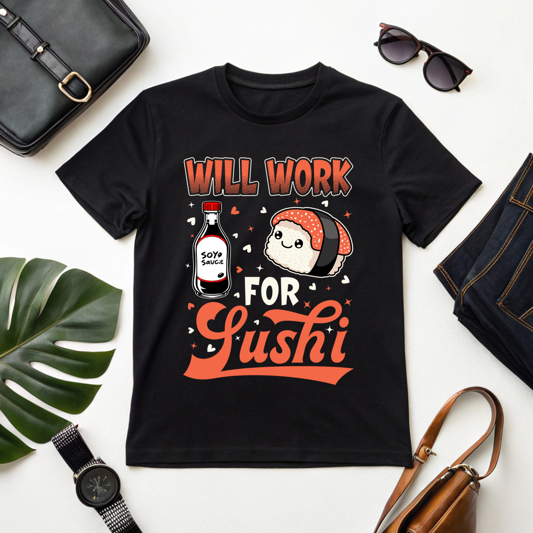 cute sushi graphic design with soy sauce and funny quote will work for sushi cover image.
