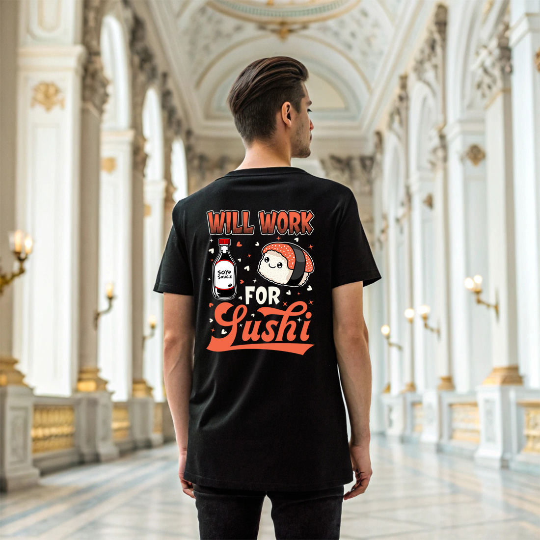 cute sushi graphic design with soy sauce and funny quote will work for sushi 6 black t shirt mock up 795