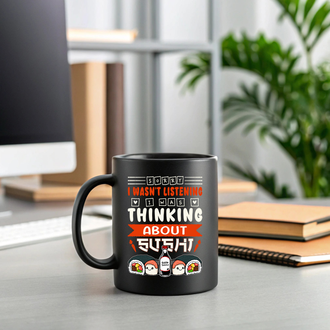 cute sushi lover illustration and graphic design with soy sauce bottle and kawaii rolls. sushi graphic design. 2 black mug mock up 969
