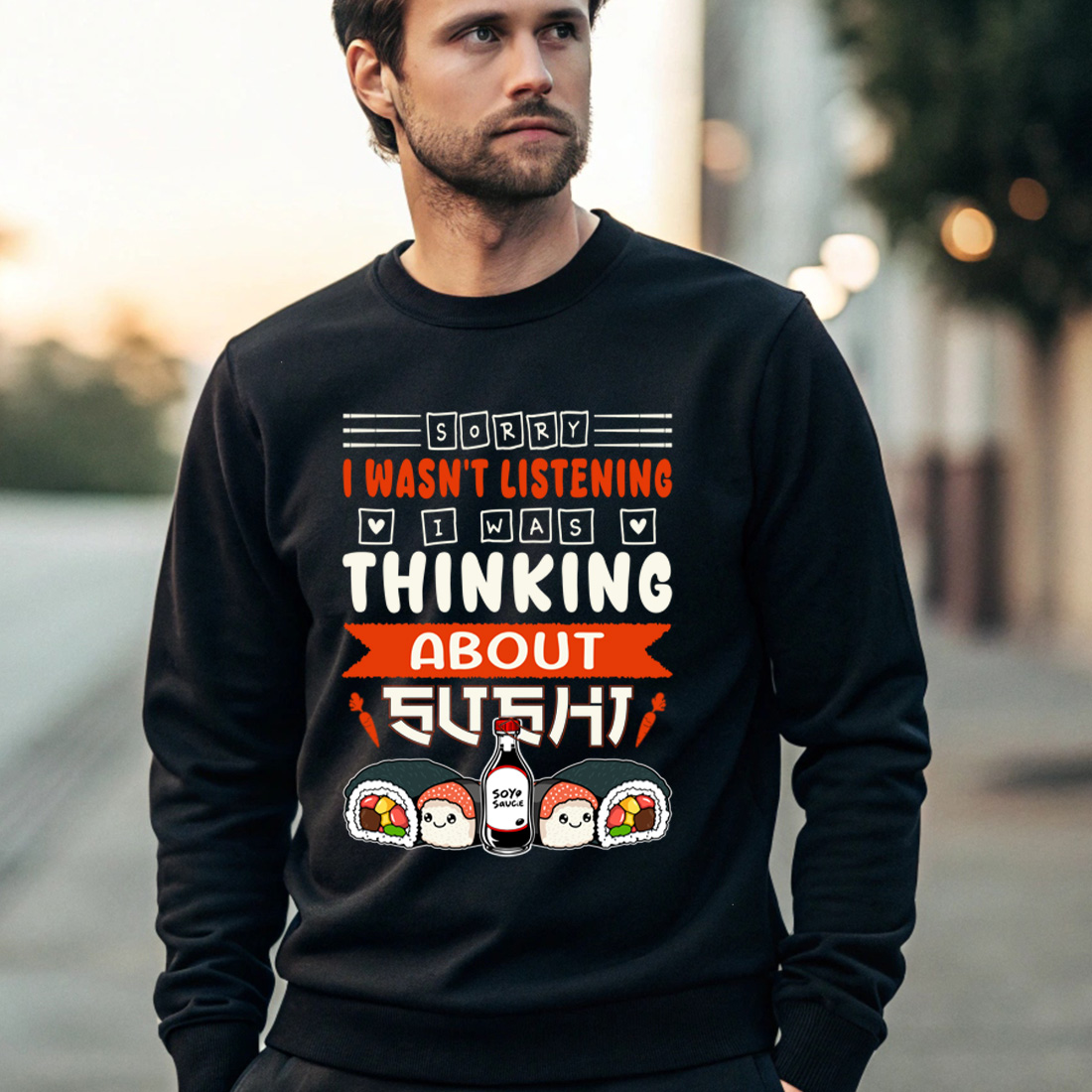 cute sushi lover illustration and graphic design with soy sauce bottle and kawaii rolls. sushi graphic design. 4 black male sweatshirt mock up 888