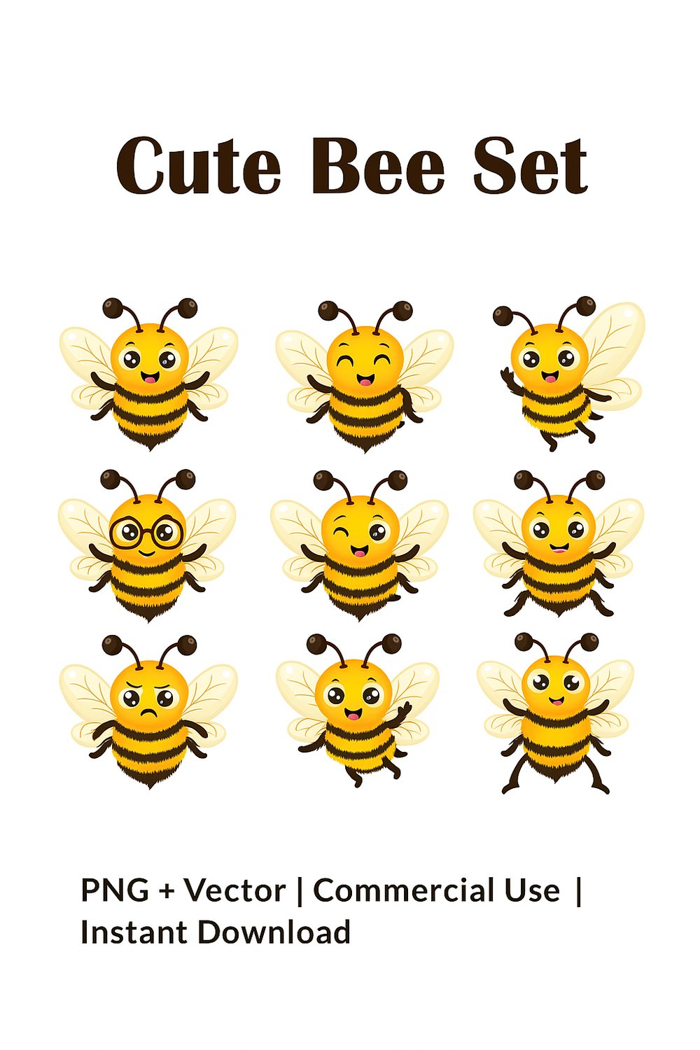 "Cute Cartoon Bee Clipart Set – 9 Emotions | PNG + Vector" pinterest preview image.