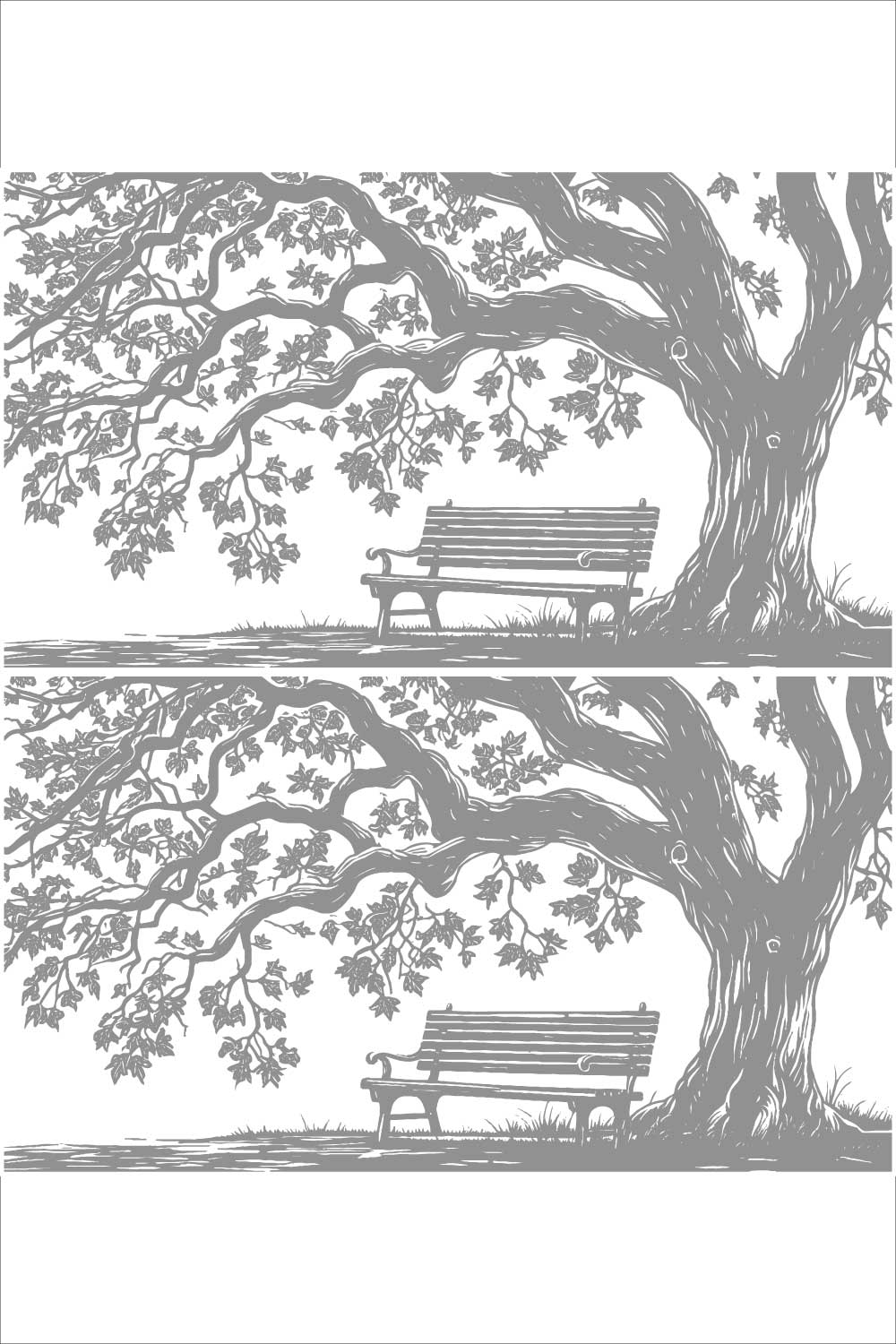 Peaceful Park Bench Under Sprawling Tree – Vintage Illustration (Double Panel) pinterest preview image.