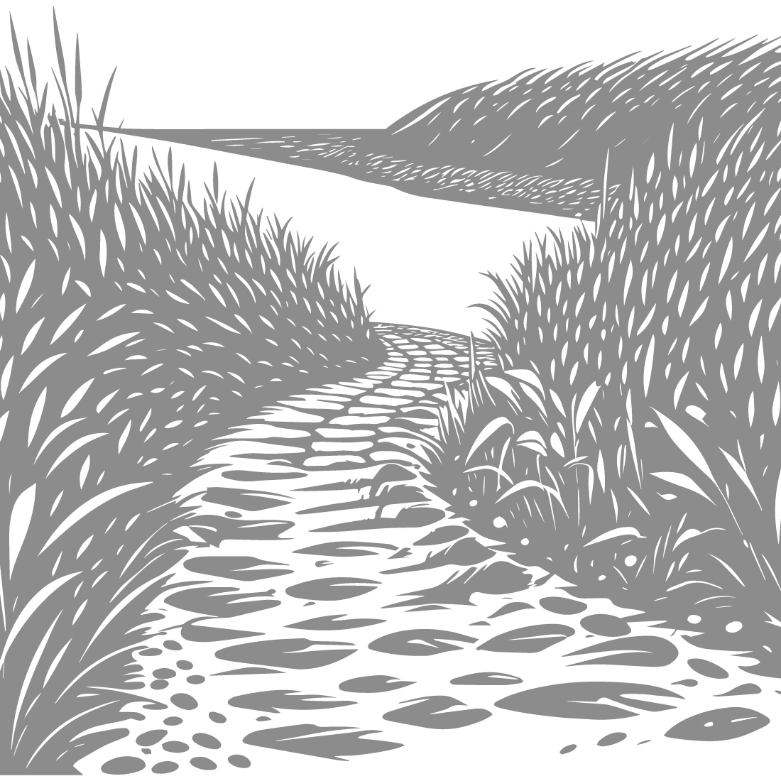 Stone Path Through Tall Grass – Monochrome Landscape Illustration preview image.