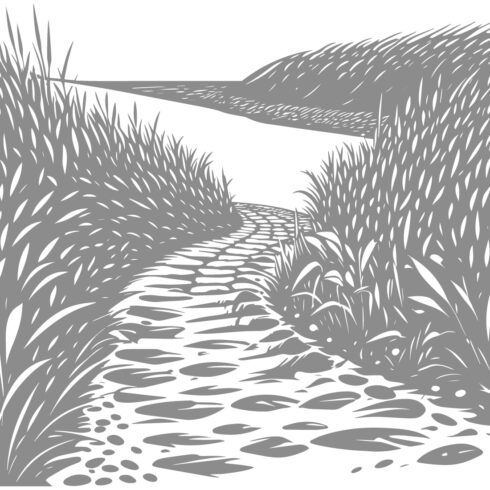 Stone Path Through Tall Grass – Monochrome Landscape Illustration cover image.