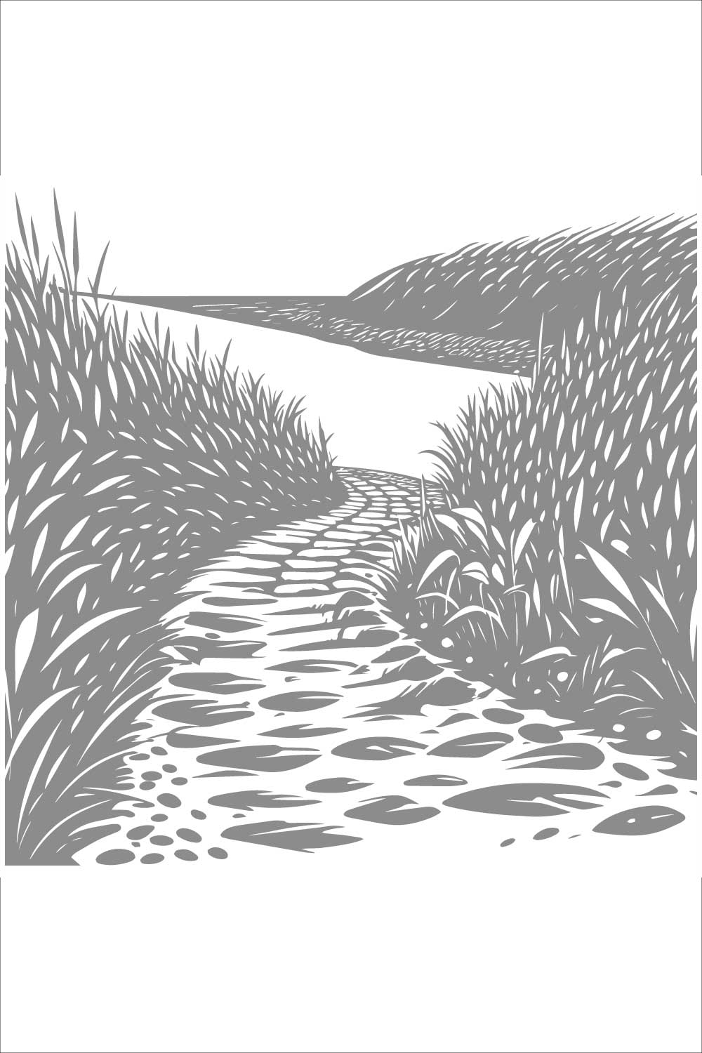 Stone Path Through Tall Grass – Monochrome Landscape Illustration pinterest preview image.