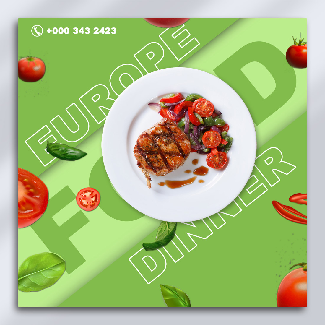 Modern European Dinner Flyer PSD Template – Editable Food Promotion Design (2000x2000 px) cover image.