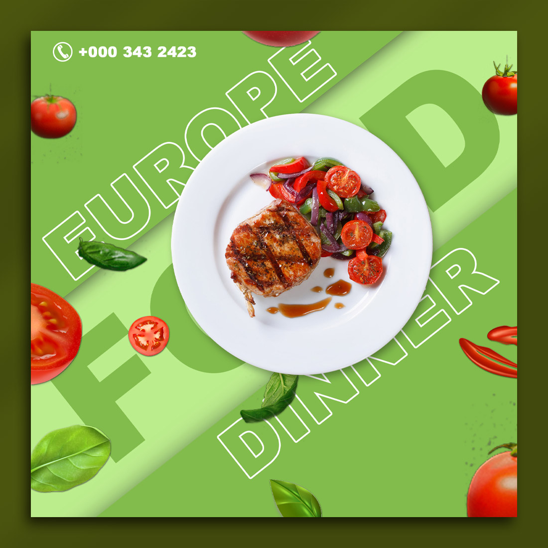 Modern European Dinner Flyer PSD Template – Editable Food Promotion Design (2000x2000 px) preview image.