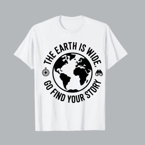White t shirt with earth and binoculars graphic earth graphic Globe with compass and binoculars earth travel hiking EPS PNG T shirt Design cover image.