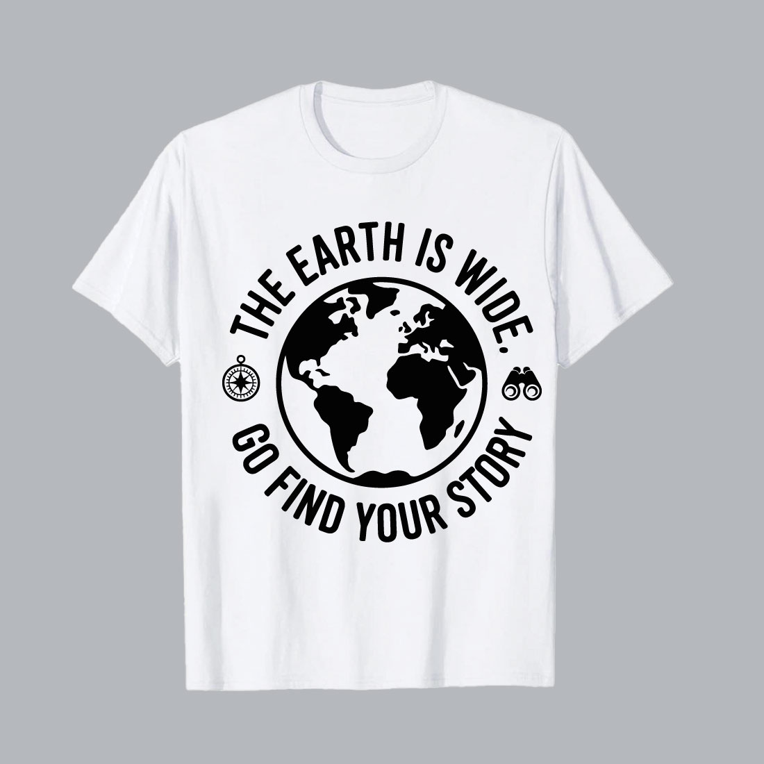 White t shirt with earth and binoculars graphic earth graphic Globe with compass and binoculars earth travel hiking EPS PNG T shirt Design cover image.