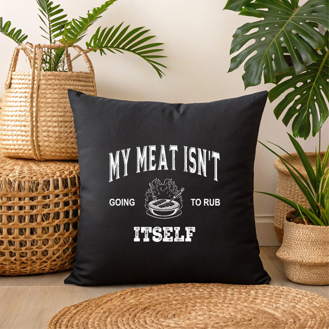 fans vintage meat smoking joke shirt for pitmasters and grill. bbq graphic design. 3 black pillow mock up 873
