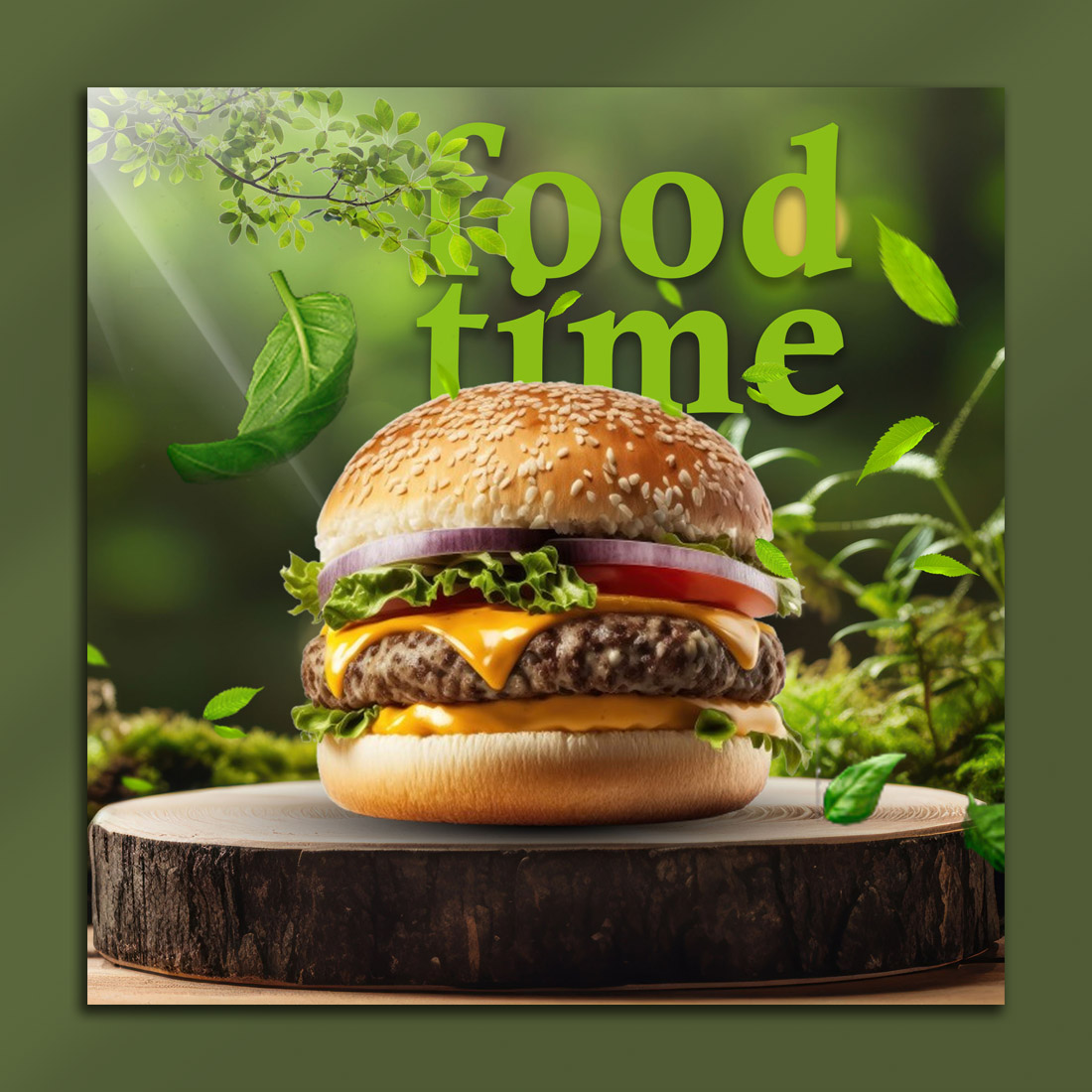 Food Time - Nature-Inspired Burger Ad PSD Template preview image.