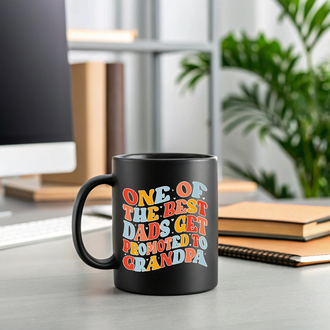 funny dad to grandpa promotion quote in groovy style. graphic design. 2 black mug mock up 954