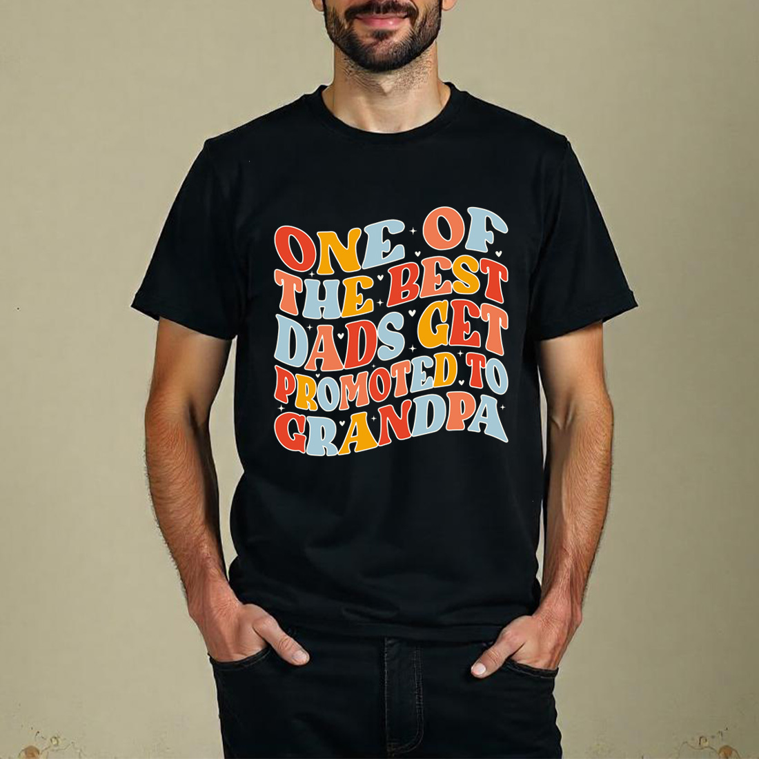 funny dad to grandpa promotion quote in groovy style. graphic design. 6 black t shirt mock up 899