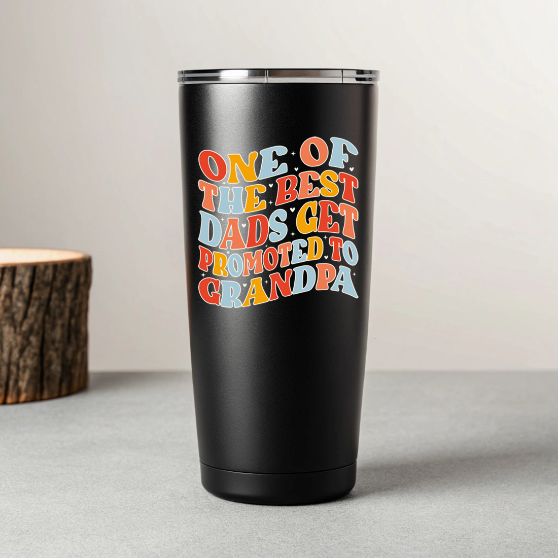 funny dad to grandpa promotion quote in groovy style. graphic design. 8 black tumblers mockup 449