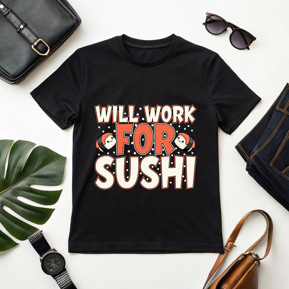 Funny Japanese Food Graphic – Kawaii Sushi Cartoon with Bold Typography graphic design cover image.