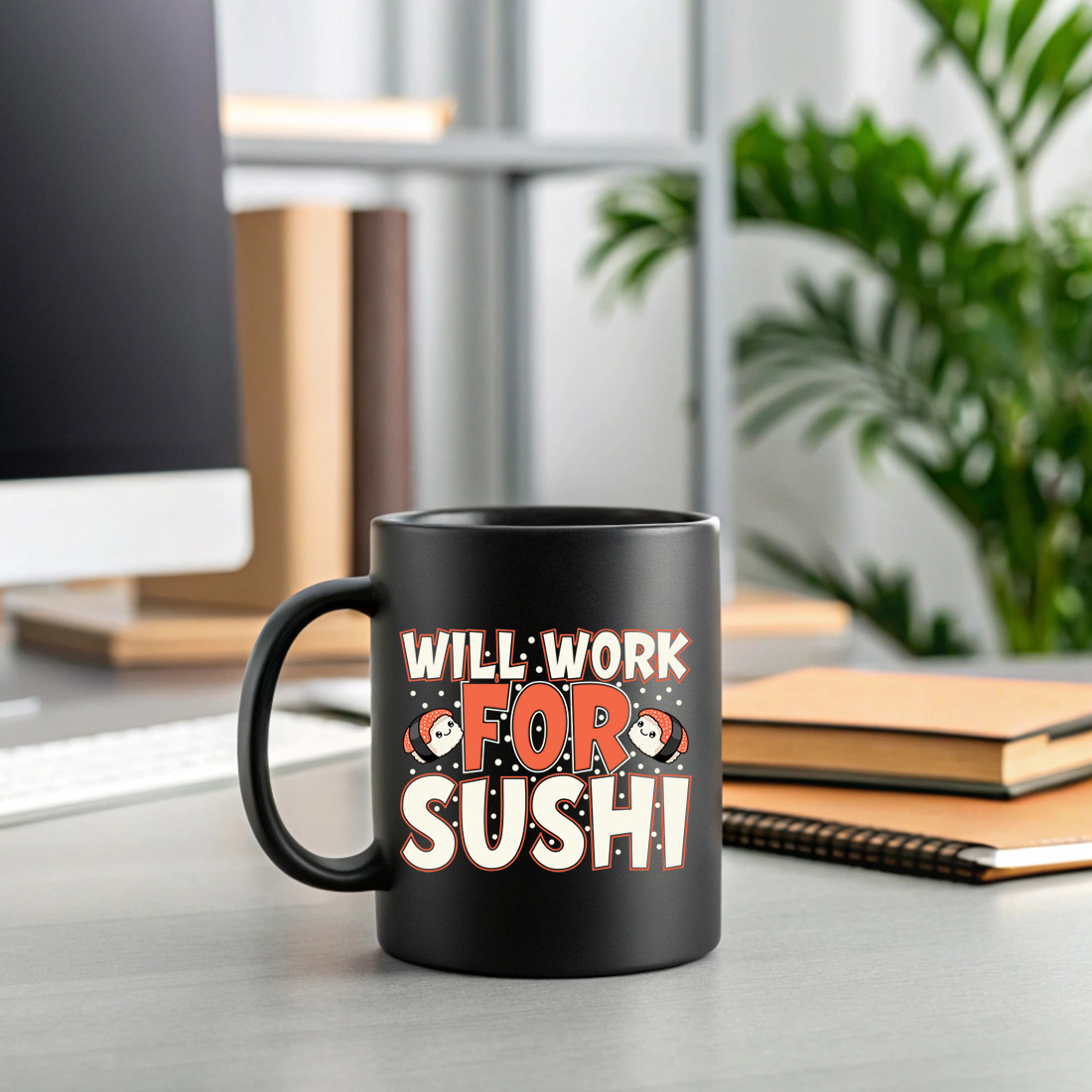 funny japanese food graphic – kawaii sushi cartoon with bold typography. graphic design. 2 black mug mock up 10