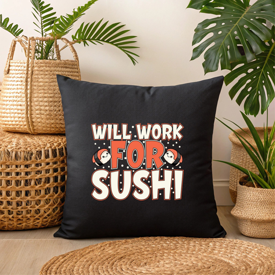 funny japanese food graphic – kawaii sushi cartoon with bold typography. graphic design. 3 black pillow mock up 423