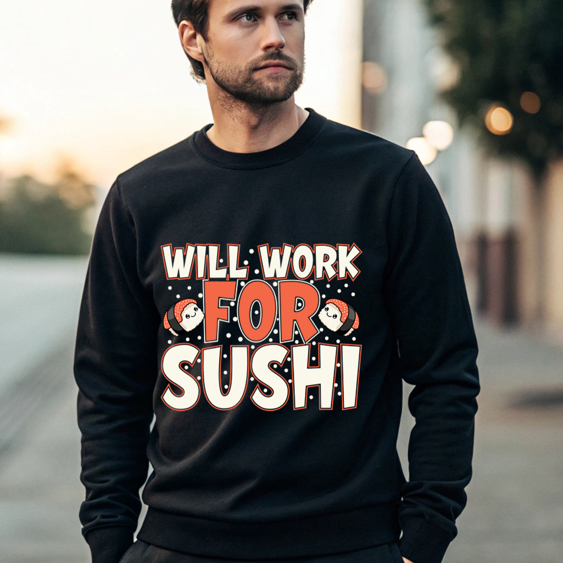 funny japanese food graphic – kawaii sushi cartoon with bold typography. graphic design. 4 black male sweatshirt mock up 236