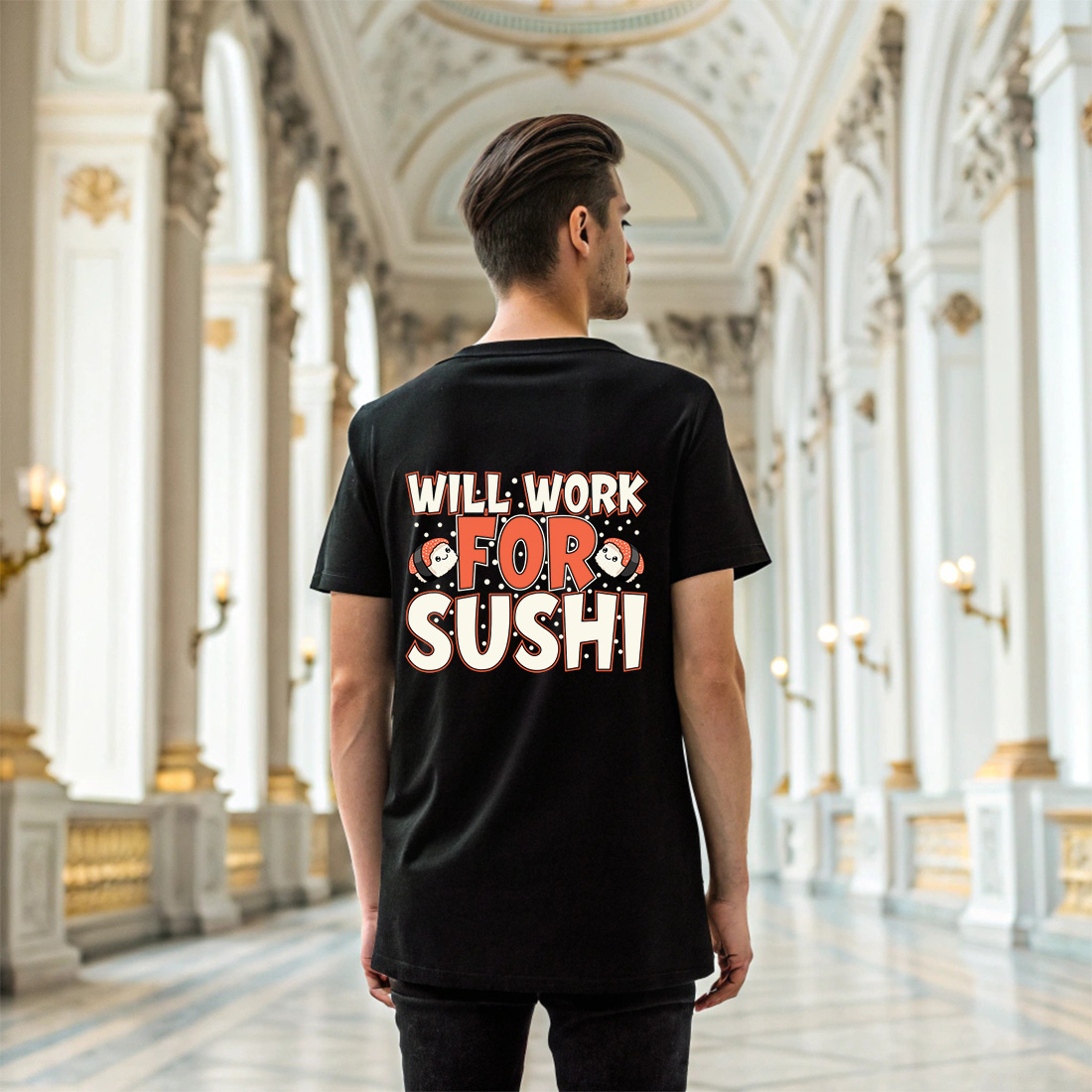 funny japanese food graphic – kawaii sushi cartoon with bold typography. graphic design. 6 black t shirt mock up 701