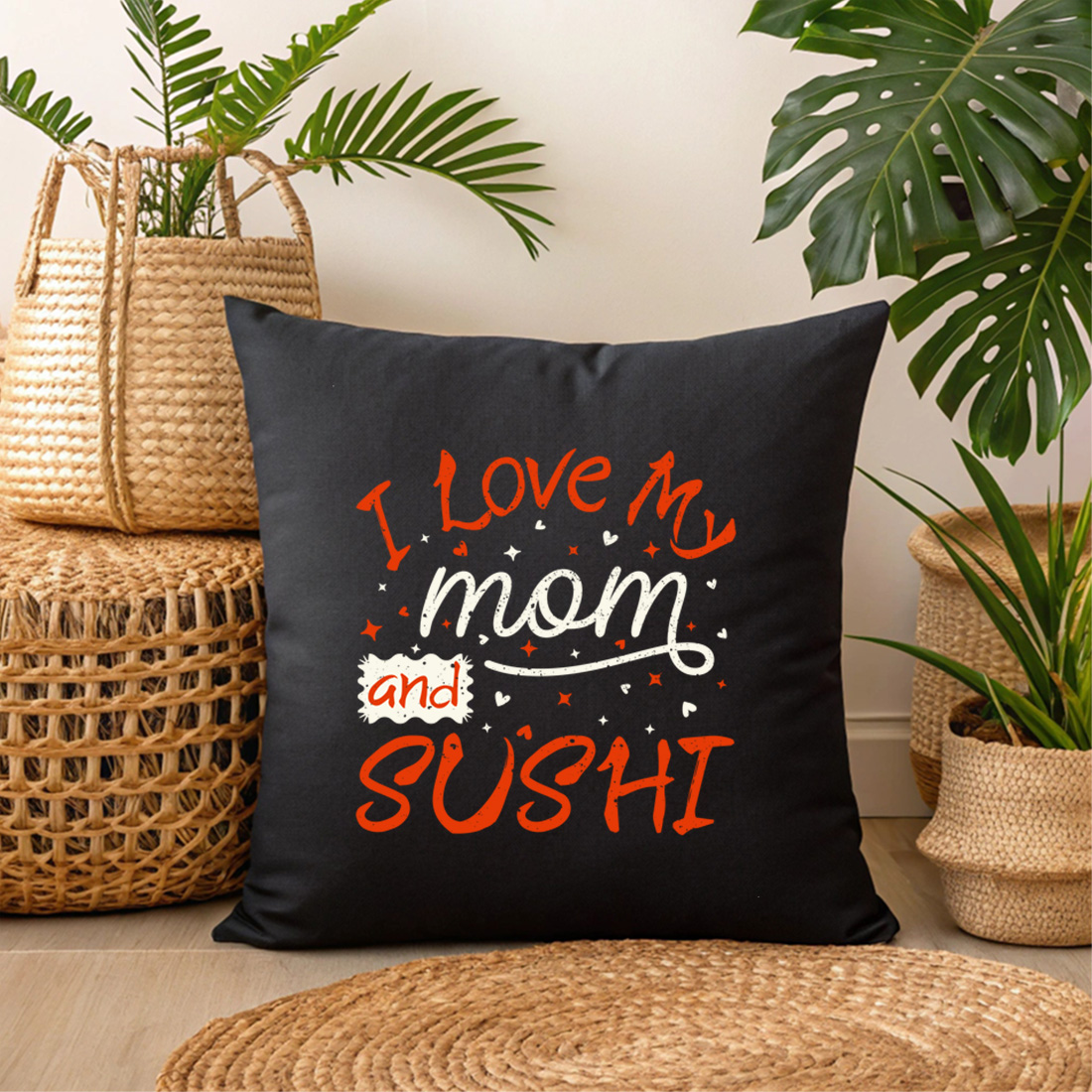 funny sushi and mom lover graphic design for cute gift merchandise 3 black pillow mock up 733