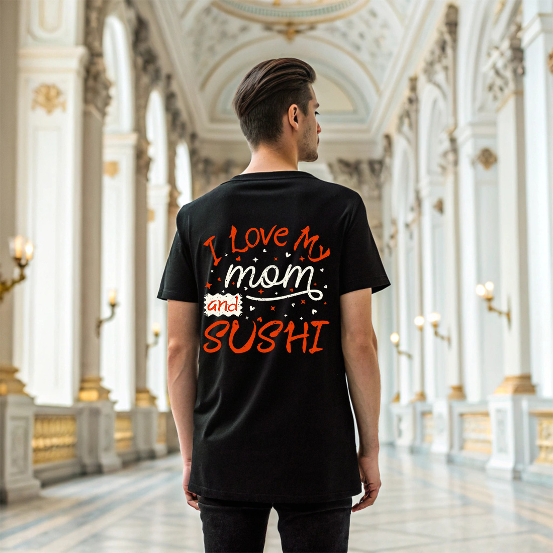funny sushi and mom lover graphic design for cute gift merchandise 6 black t shirt mock up 698