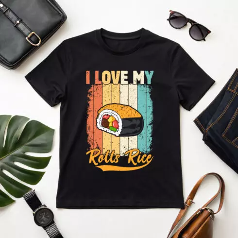 funny sushi graphic design with retro vintage style and pun quote "i love my rolls-rice cover image.