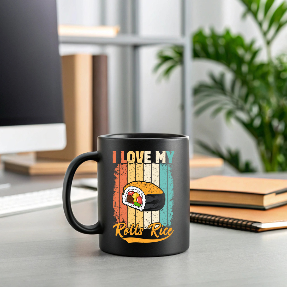 funny sushi graphic design with retro vintage style and pun quote i love my rolls rice 2 black mug mock up 326