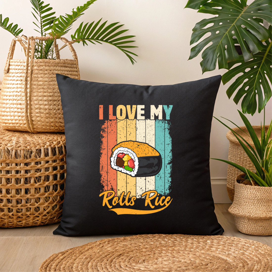 funny sushi graphic design with retro vintage style and pun quote i love my rolls rice 3 black pillow mock up 763
