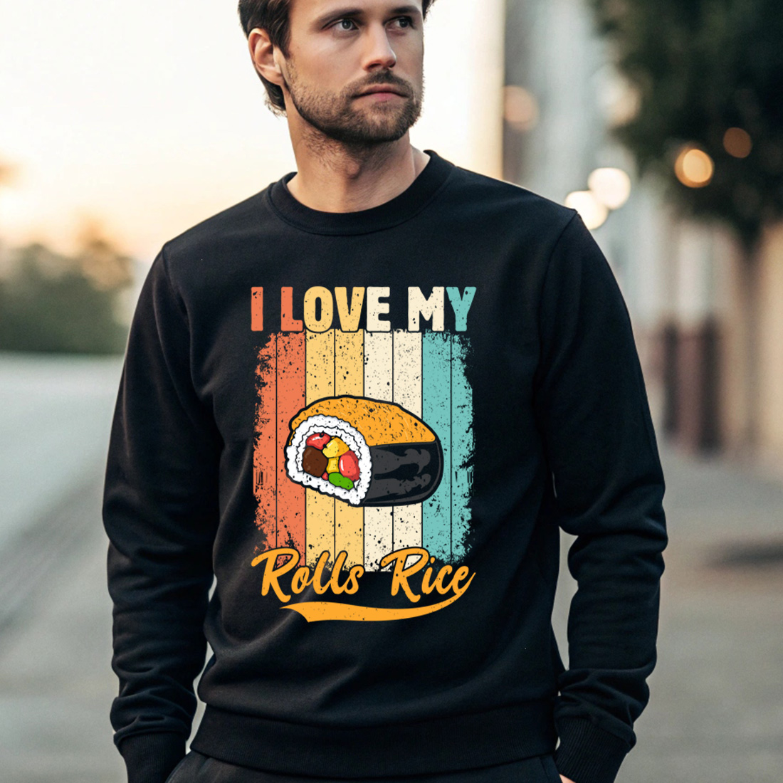 funny sushi graphic design with retro vintage style and pun quote i love my rolls rice 4 black male sweatshirt mock up 468