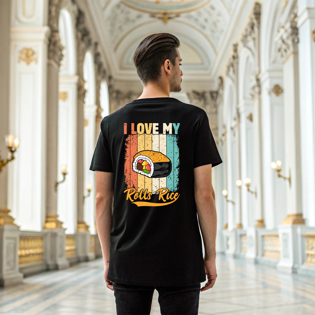 funny sushi graphic design with retro vintage style and pun quote i love my rolls rice 6 black t shirt mock up 887