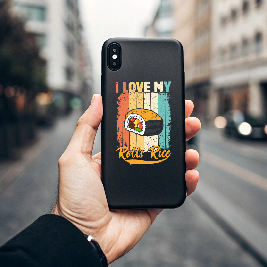 funny sushi graphic design with retro vintage style and pun quote i love my rolls rice 7 black phone case mock up 580