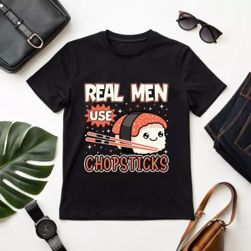 Funny Sushi Graphic Design – "Real Men Use Chopsticks" with Cute Nigiri and Chopsticks Sushi graphic design cover image.